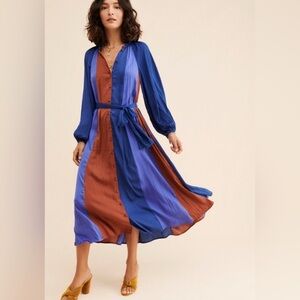 Anthropologie Maeve Size S • Blue Orange Satin Long Sleeve Midi Dress **NO BELT.